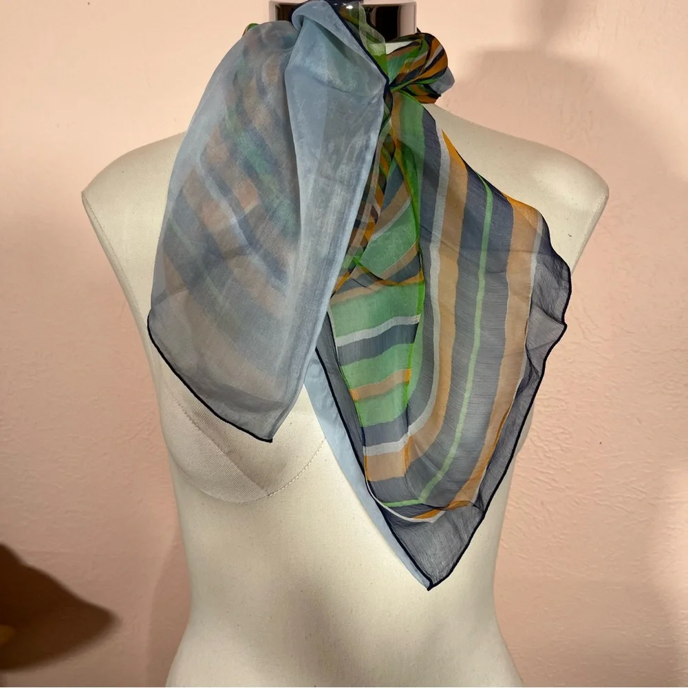 Vintage semi sheer striped Mod Green Blue Square Neck Scarf